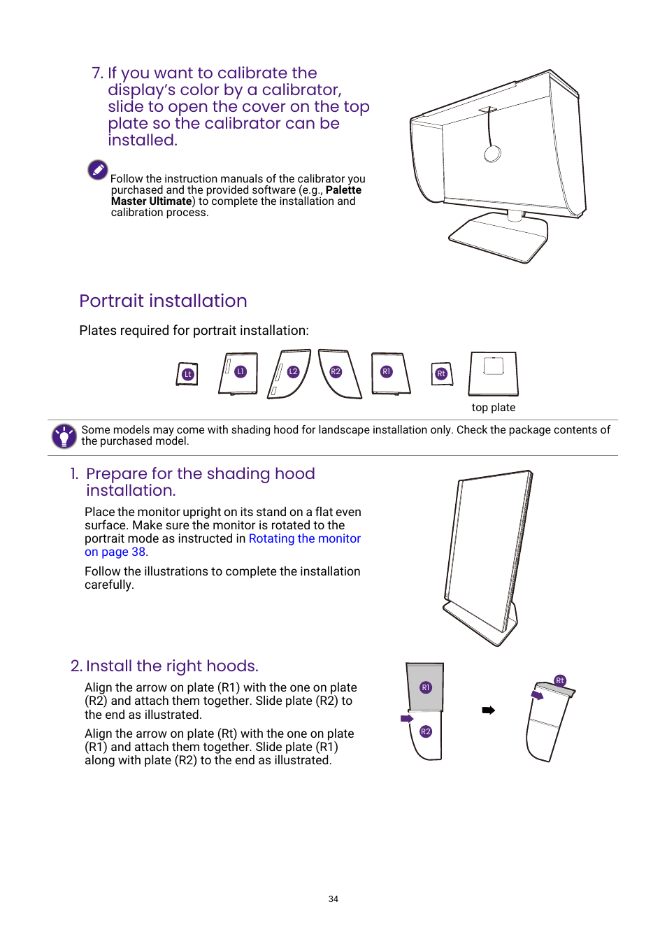 Portrait installation, Prepare for the shading hood installation, Install the right hoods | BenQ PhotoVue SW272U 27" 4K HDR Monitor User Manual | Page 34 / 70