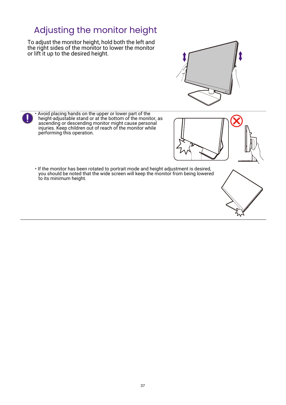 Adjusting the monitor height | BenQ PhotoVue SW272U 27" 4K HDR Monitor User Manual | Page 37 / 70