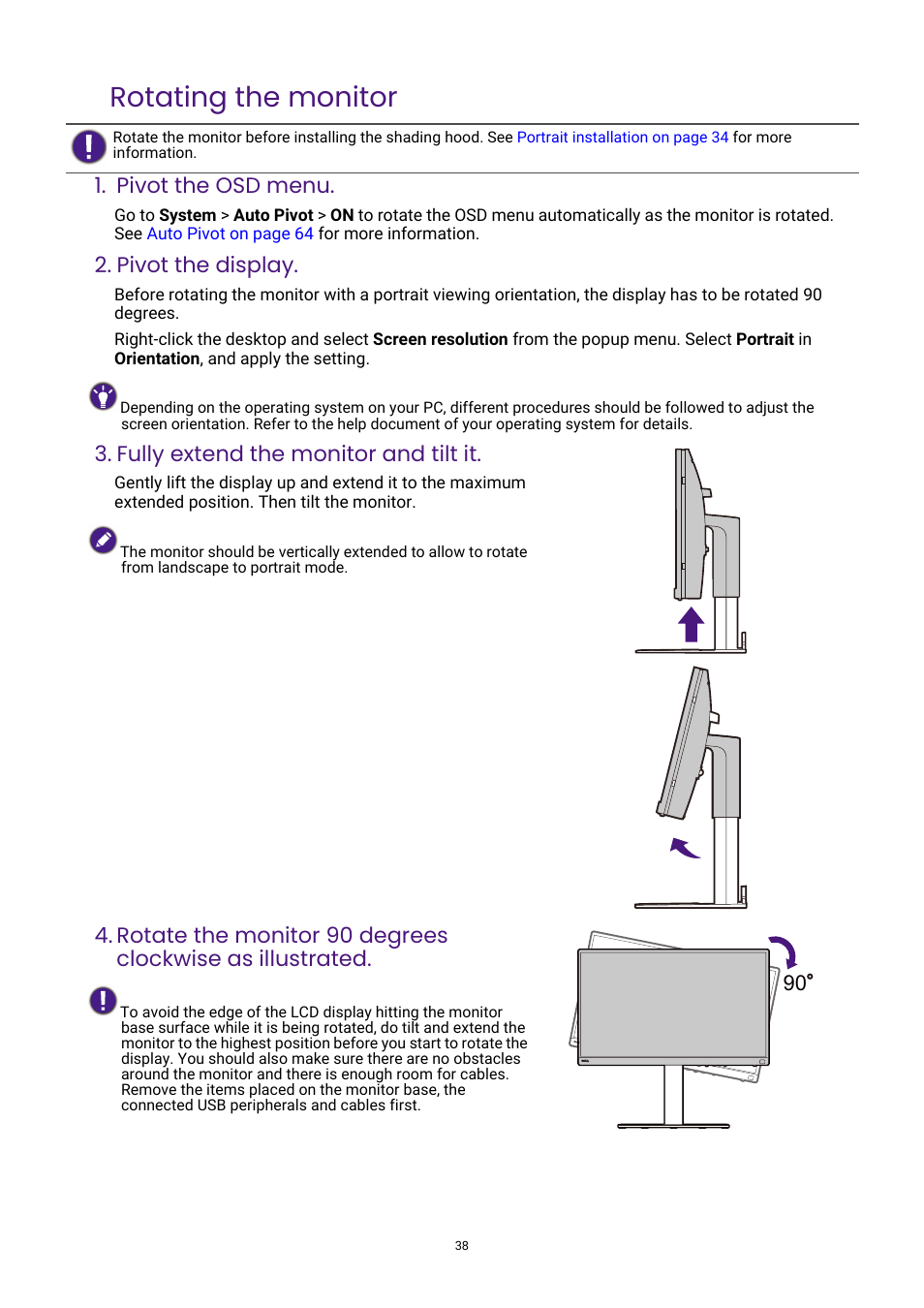 Rotating the monitor, Pivot the osd menu, Pivot the display | Fully extend the monitor and tilt it | BenQ PhotoVue SW272U 27" 4K HDR Monitor User Manual | Page 38 / 70