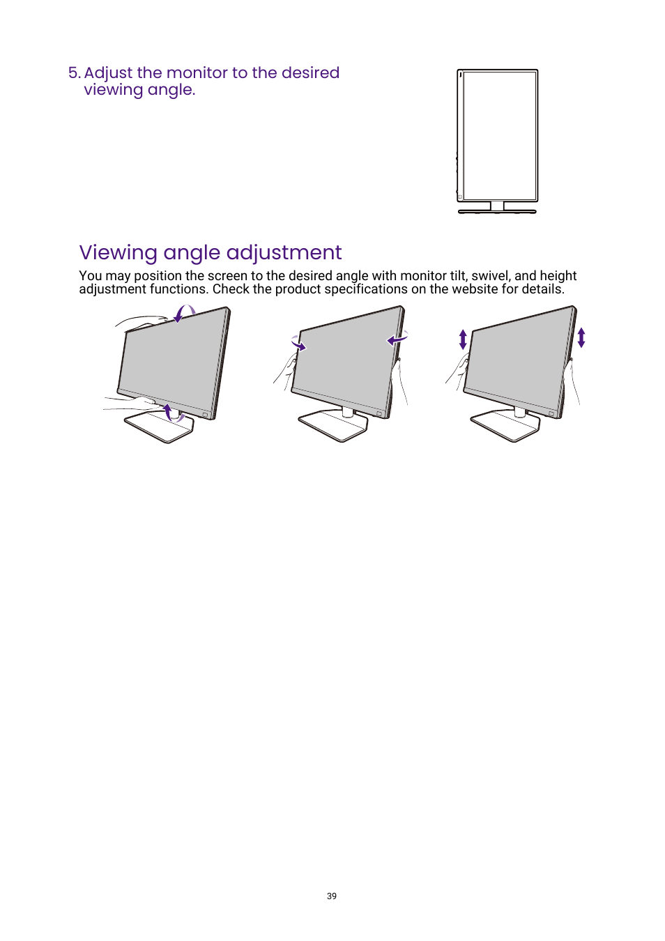 Viewing angle adjustment | BenQ PhotoVue SW272U 27" 4K HDR Monitor User Manual | Page 39 / 70