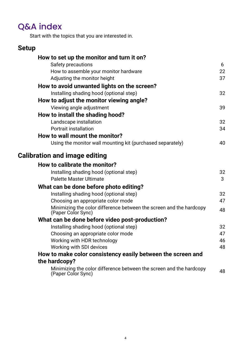 Q&a index, Setup calibration and image editing | BenQ PhotoVue SW272U 27" 4K HDR Monitor User Manual | Page 4 / 70