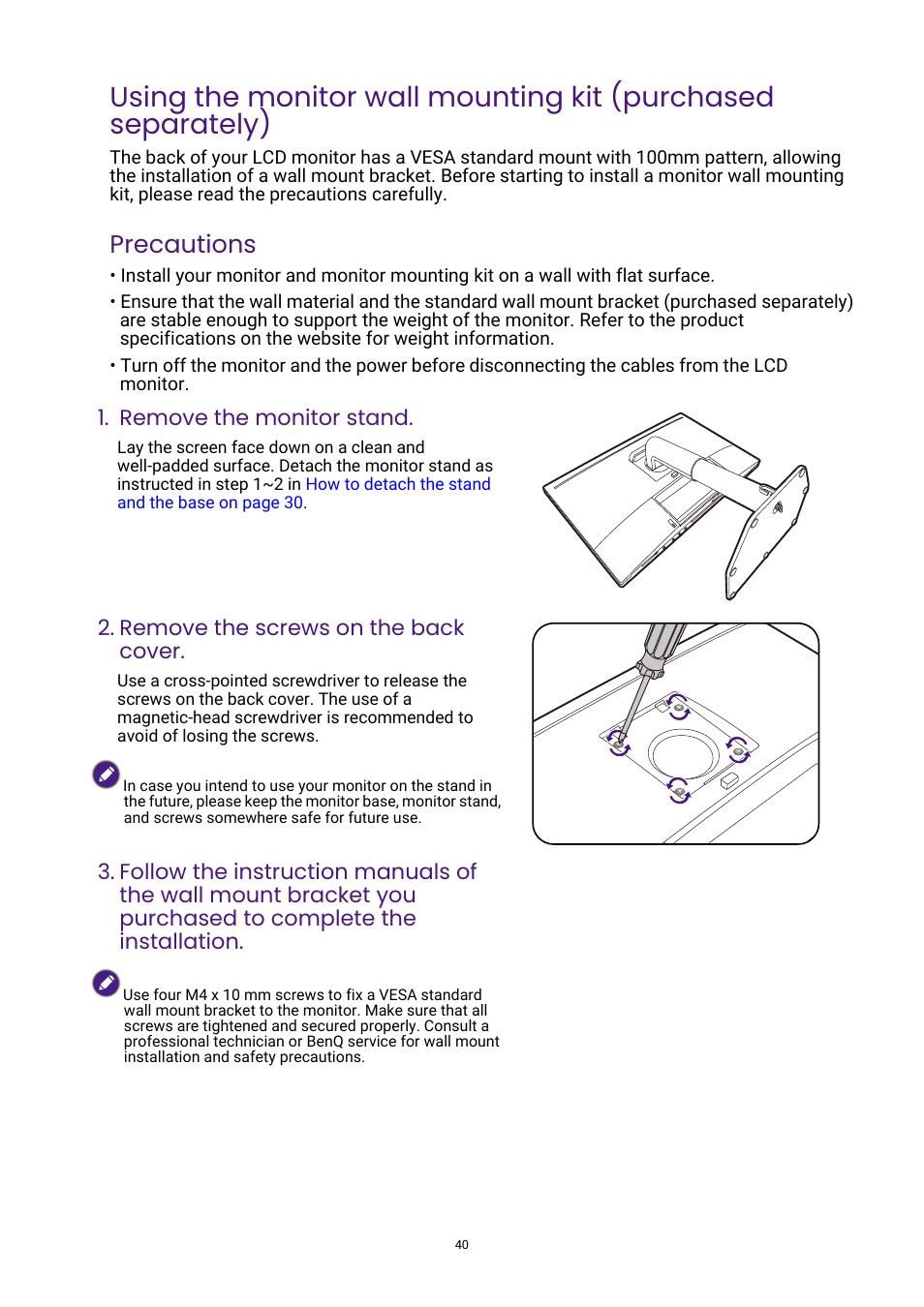 Precautions | BenQ PhotoVue SW272U 27" 4K HDR Monitor User Manual | Page 40 / 70