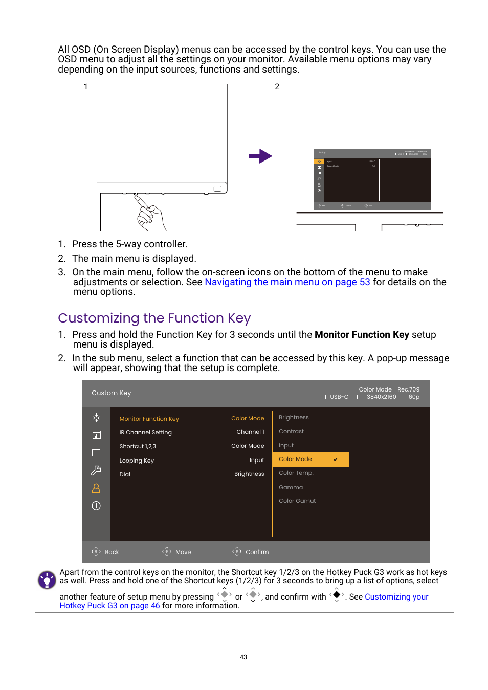 Customizing the function key | BenQ PhotoVue SW272U 27" 4K HDR Monitor User Manual | Page 43 / 70