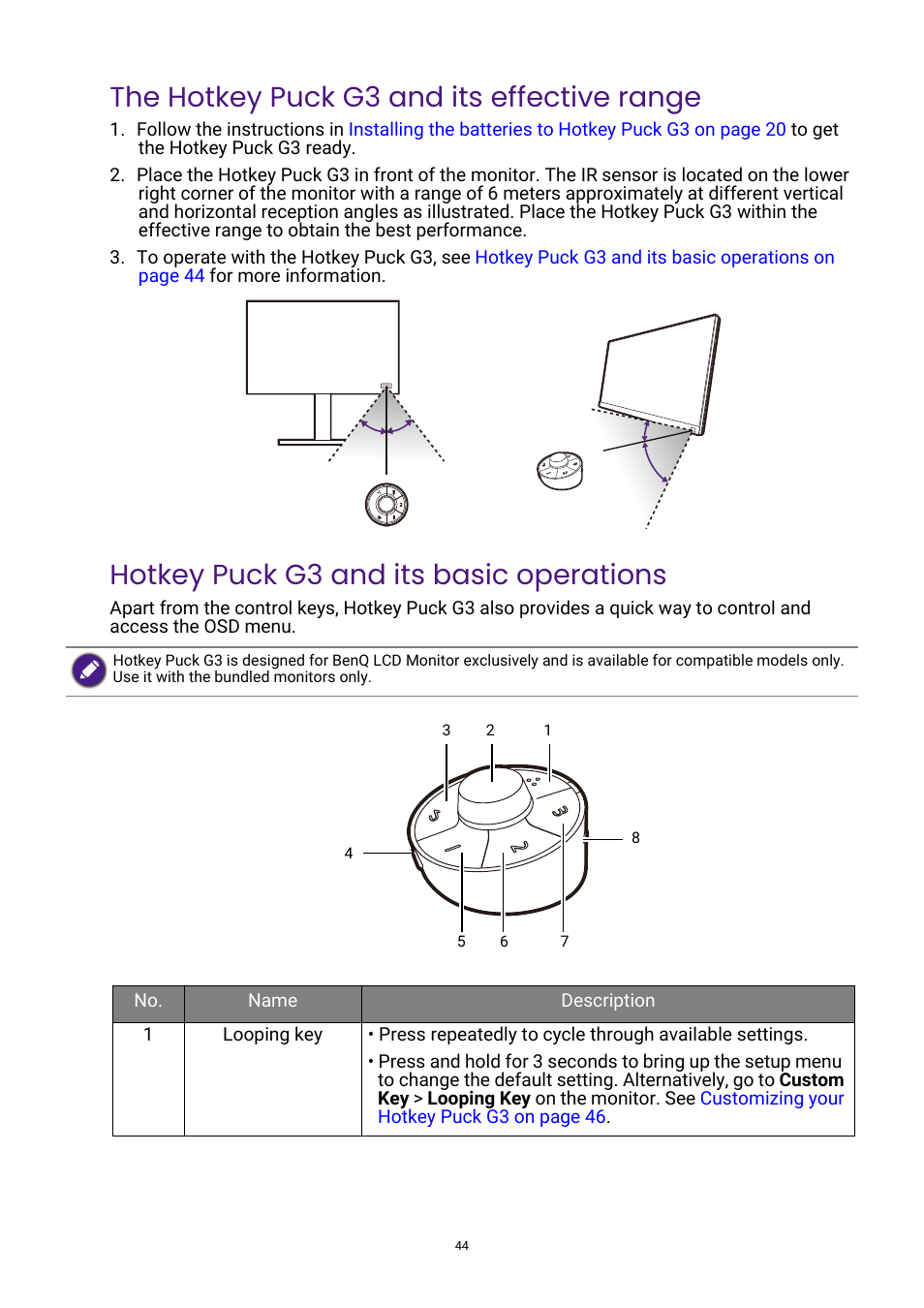 The hotkey puck g3 and its effective range, Hotkey puck g3 and its basic operations | BenQ PhotoVue SW272U 27" 4K HDR Monitor User Manual | Page 44 / 70