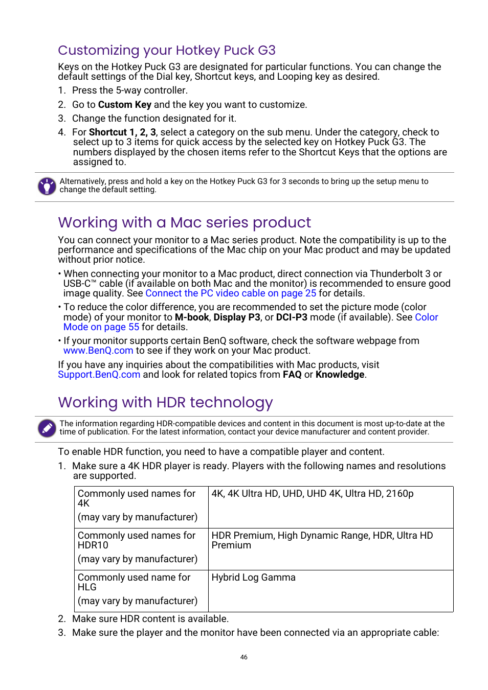 Working with a mac series product, Working with hdr technology, Customizing your hotkey puck g3 | On the monitor. see, Customizing your | BenQ PhotoVue SW272U 27" 4K HDR Monitor User Manual | Page 46 / 70