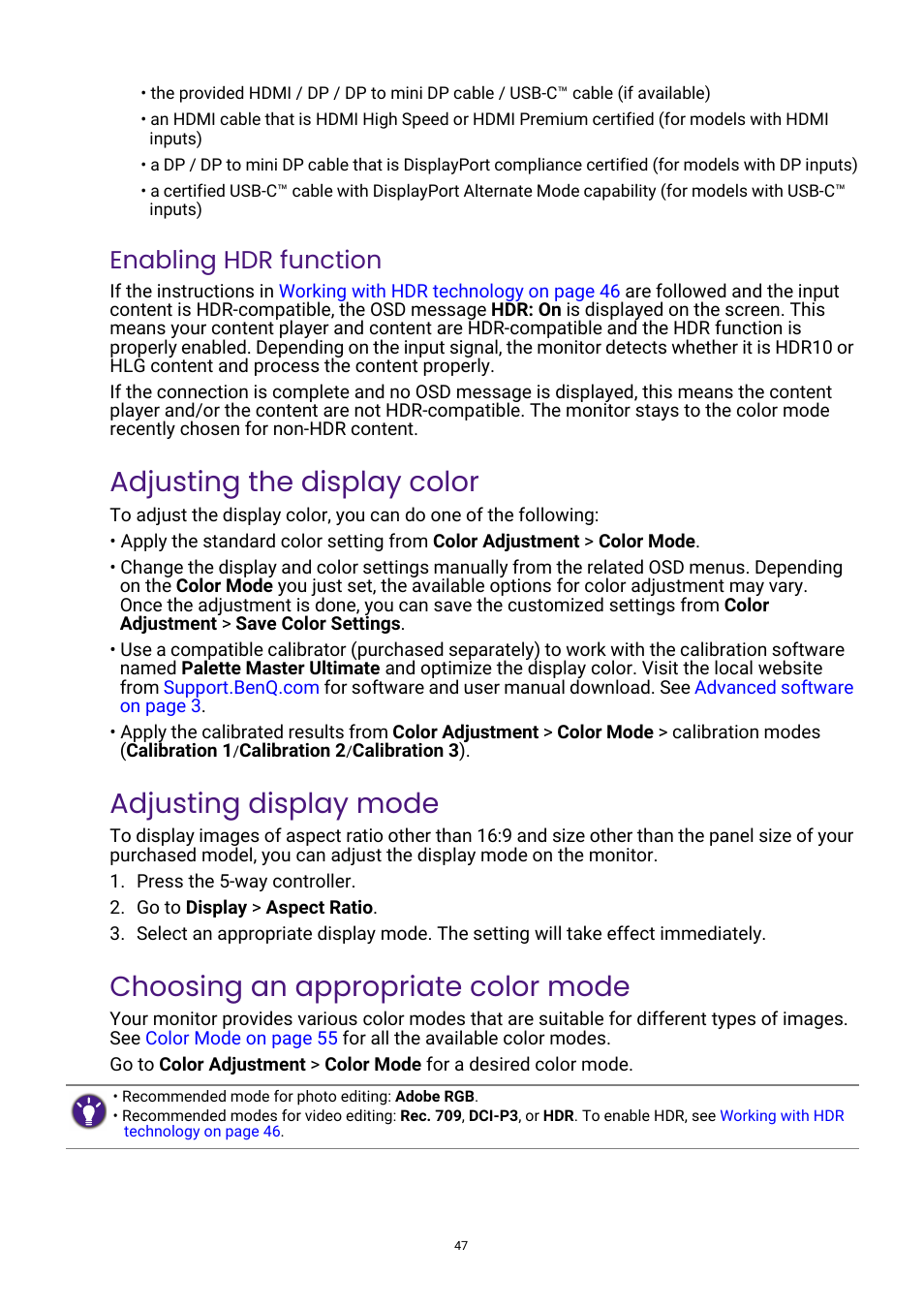 Adjusting the display color, Adjusting display mode, Choosing an appropriate color mode | Adjusting the display color adjusting display mode, Enabling hdr function | BenQ PhotoVue SW272U 27" 4K HDR Monitor User Manual | Page 47 / 70