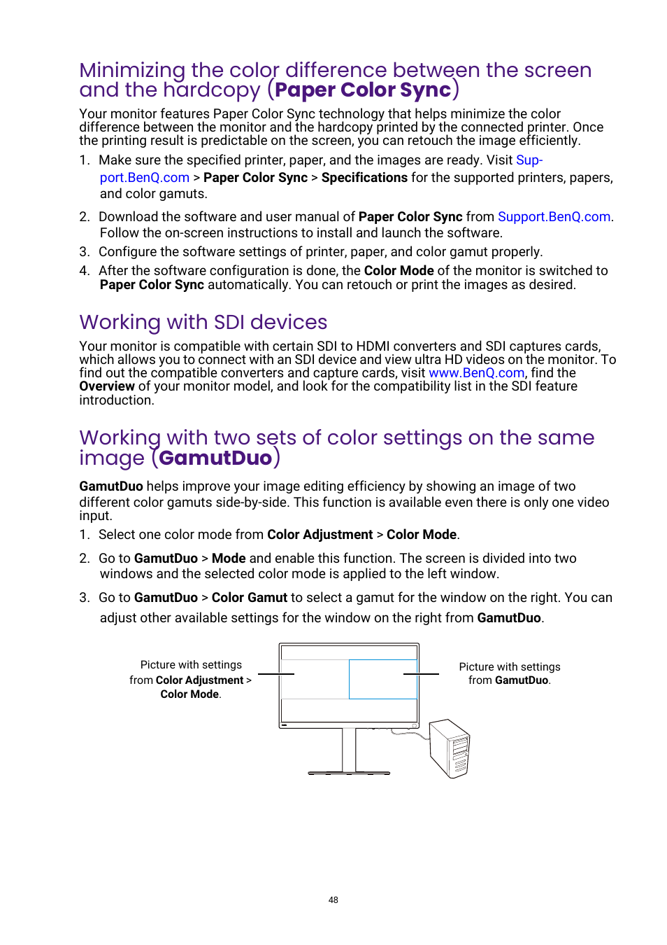 Working with sdi devices, Paper color sync) | BenQ PhotoVue SW272U 27" 4K HDR Monitor User Manual | Page 48 / 70