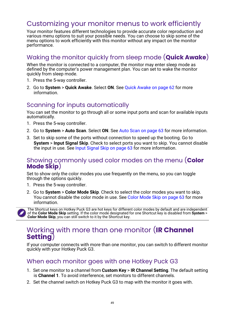 Customizing your monitor menus to work efficiently, For more information, Scanning for inputs automatically | When each monitor goes with one hotkey puck g3 | BenQ PhotoVue SW272U 27" 4K HDR Monitor User Manual | Page 49 / 70