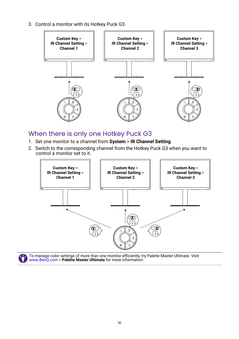 When there is only one hotkey puck g3 | BenQ PhotoVue SW272U 27" 4K HDR Monitor User Manual | Page 50 / 70