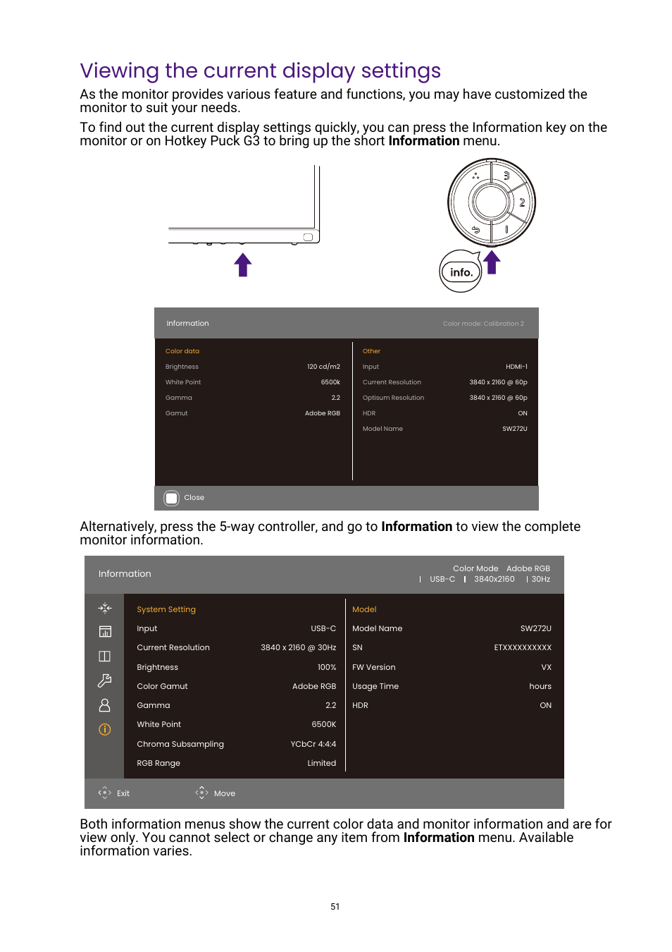 Viewing the current display settings, Menu. see, Viewing the | Viewing | BenQ PhotoVue SW272U 27" 4K HDR Monitor User Manual | Page 51 / 70