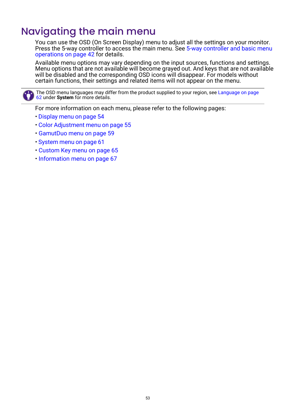 Navigating the main menu | BenQ PhotoVue SW272U 27" 4K HDR Monitor User Manual | Page 53 / 70