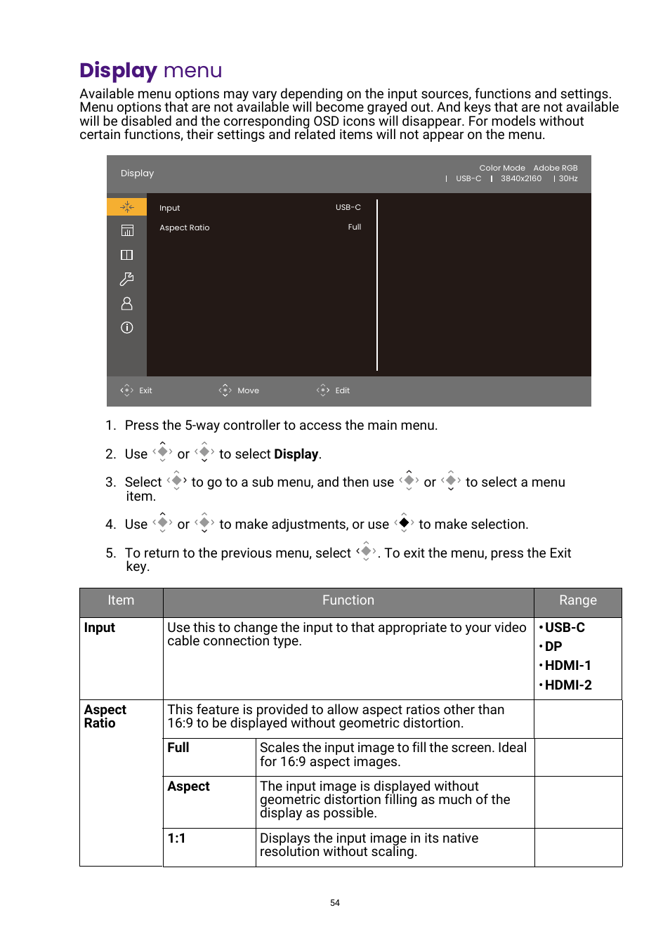 Display menu, Input, Display | Menu | BenQ PhotoVue SW272U 27" 4K HDR Monitor User Manual | Page 54 / 70