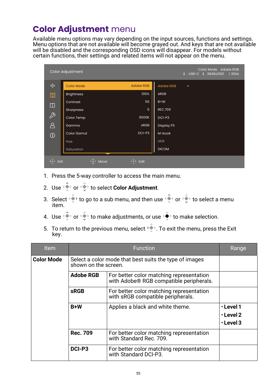 Color adjustment menu, Color adjustment, Color | BenQ PhotoVue SW272U 27" 4K HDR Monitor User Manual | Page 55 / 70