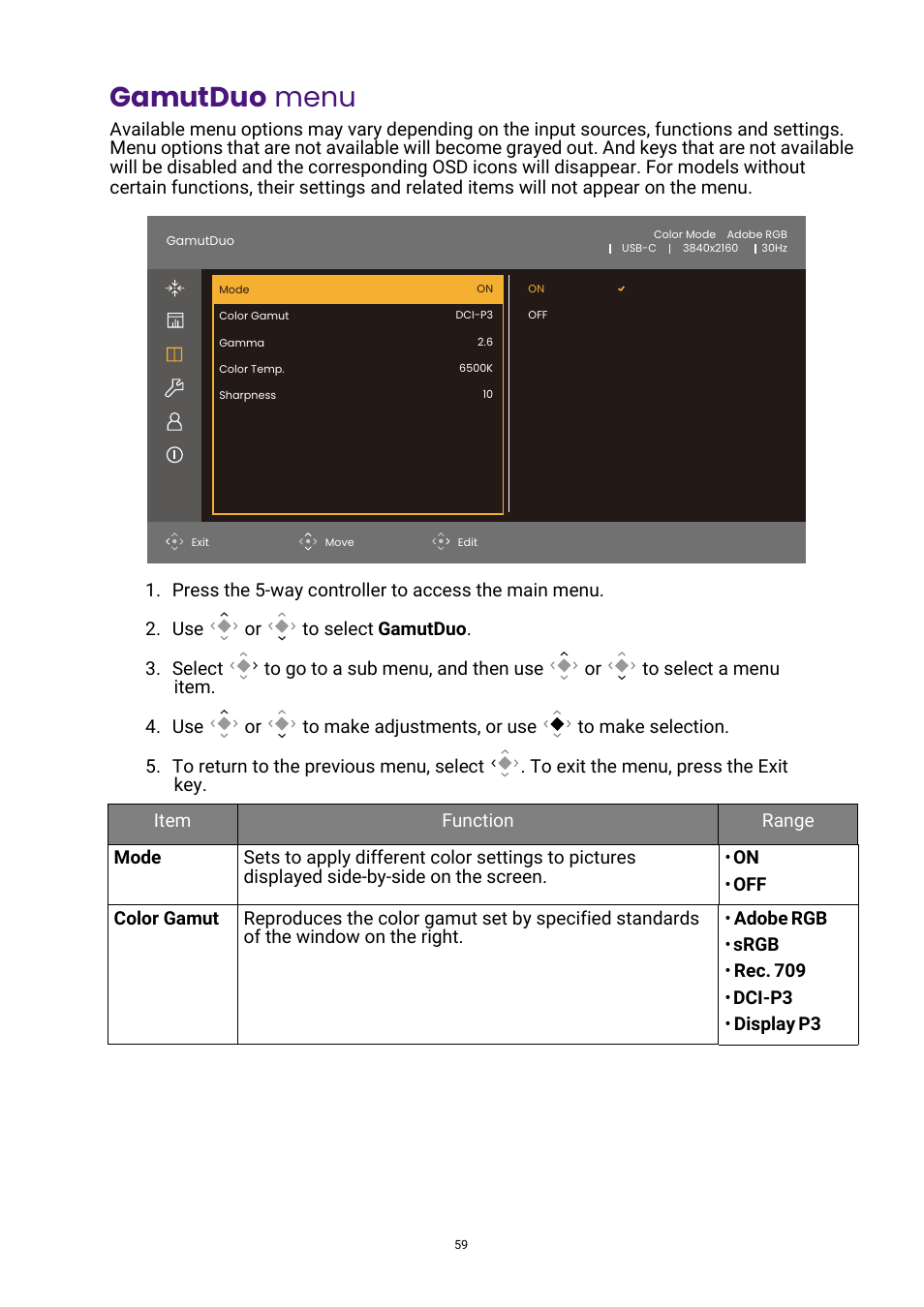 Gamutduo menu, Gamutduo | BenQ PhotoVue SW272U 27" 4K HDR Monitor User Manual | Page 59 / 70