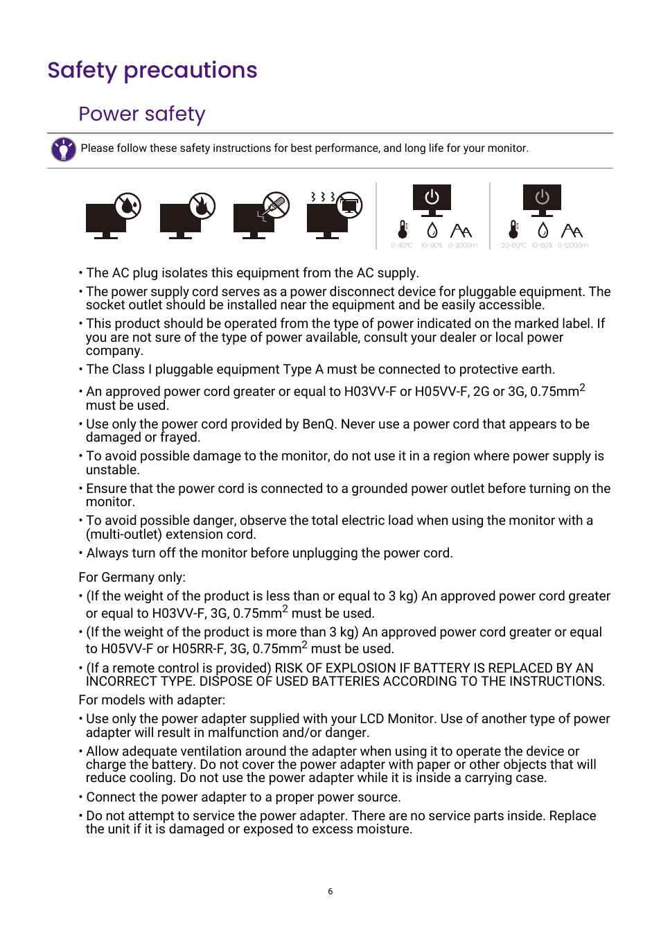 Safety precautions, Power safety | BenQ PhotoVue SW272U 27" 4K HDR Monitor User Manual | Page 6 / 70