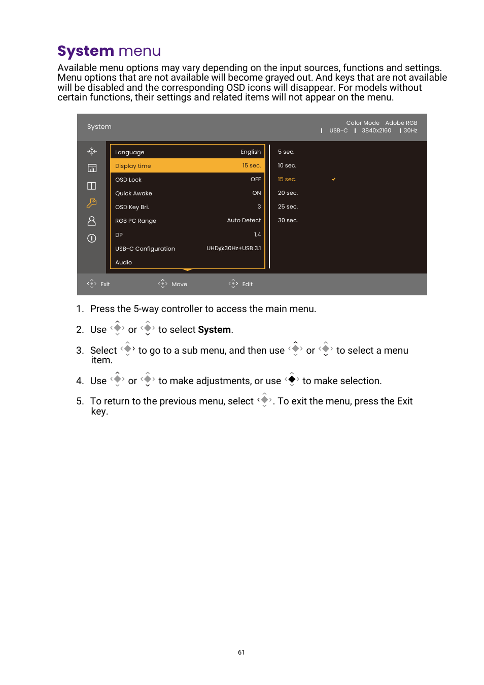 System menu, System | BenQ PhotoVue SW272U 27" 4K HDR Monitor User Manual | Page 61 / 70