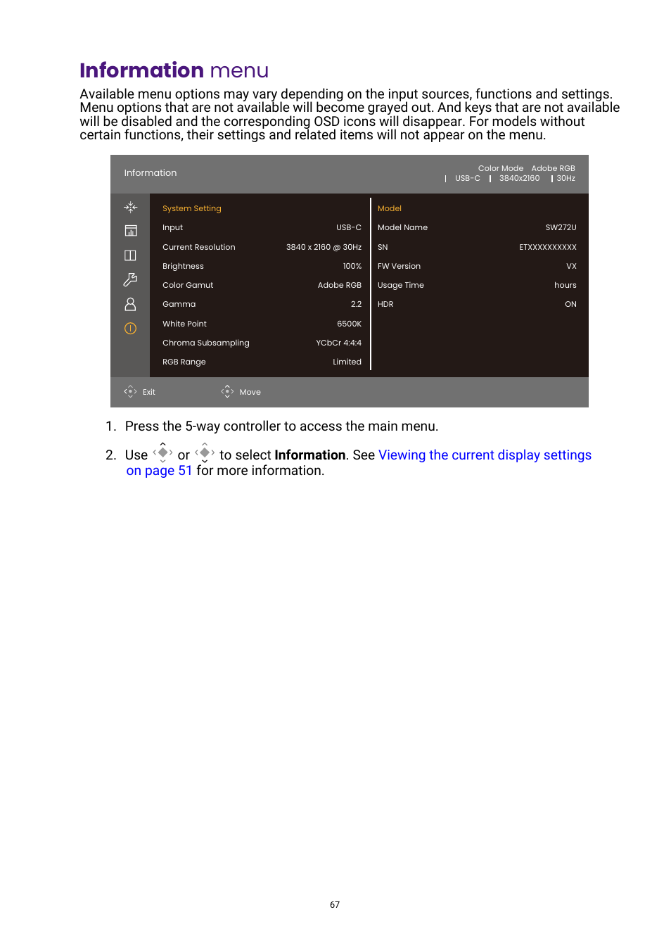 Information menu, Information, Menu | BenQ PhotoVue SW272U 27" 4K HDR Monitor User Manual | Page 67 / 70