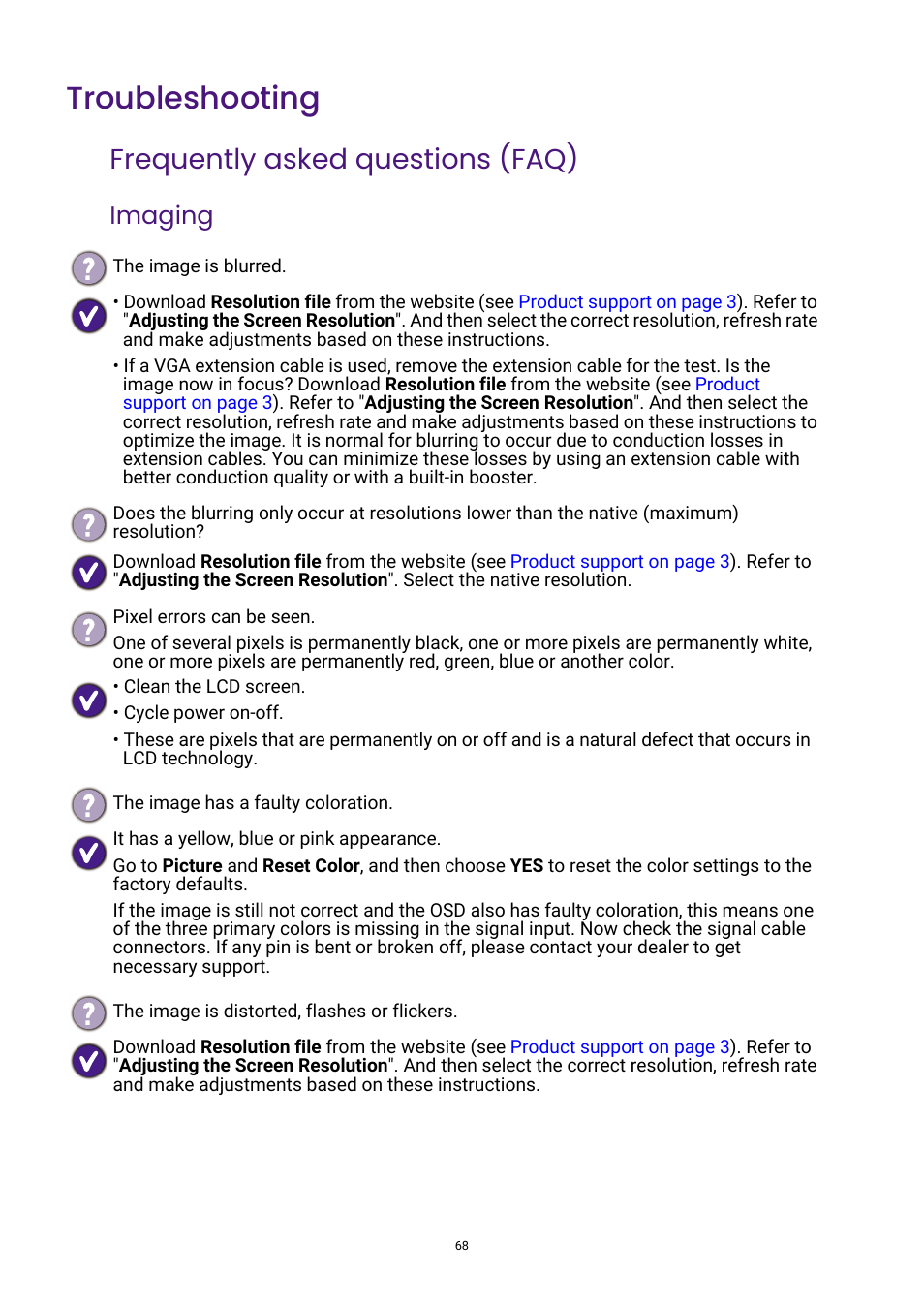 Troubleshooting, Frequently asked questions (faq), Imaging | BenQ PhotoVue SW272U 27" 4K HDR Monitor User Manual | Page 68 / 70