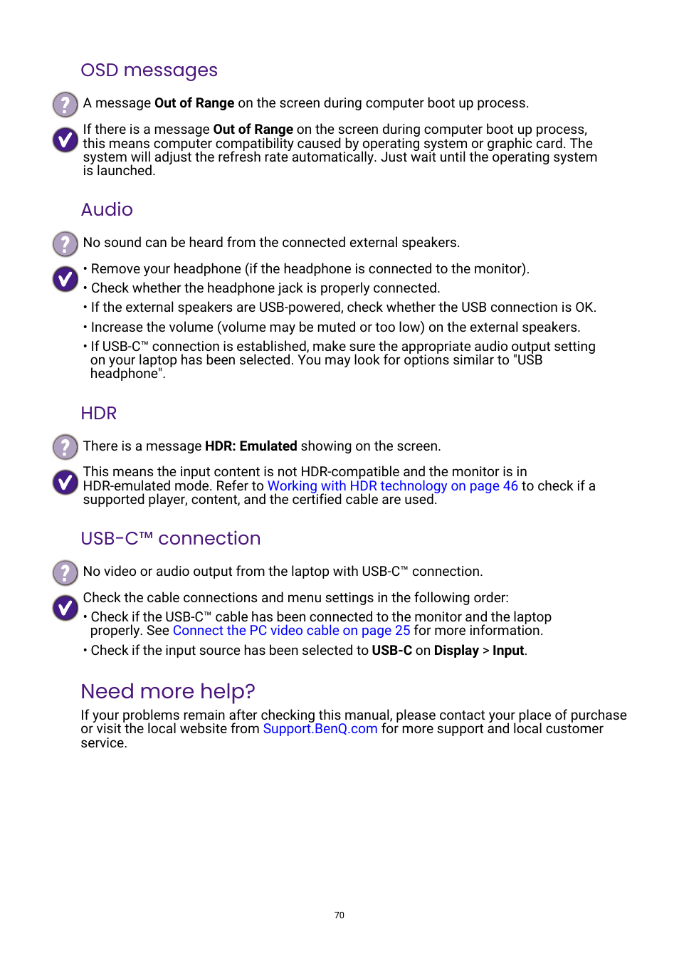 Need more help, Osd messages audio hdr usb-c™ connection | BenQ PhotoVue SW272U 27" 4K HDR Monitor User Manual | Page 70 / 70