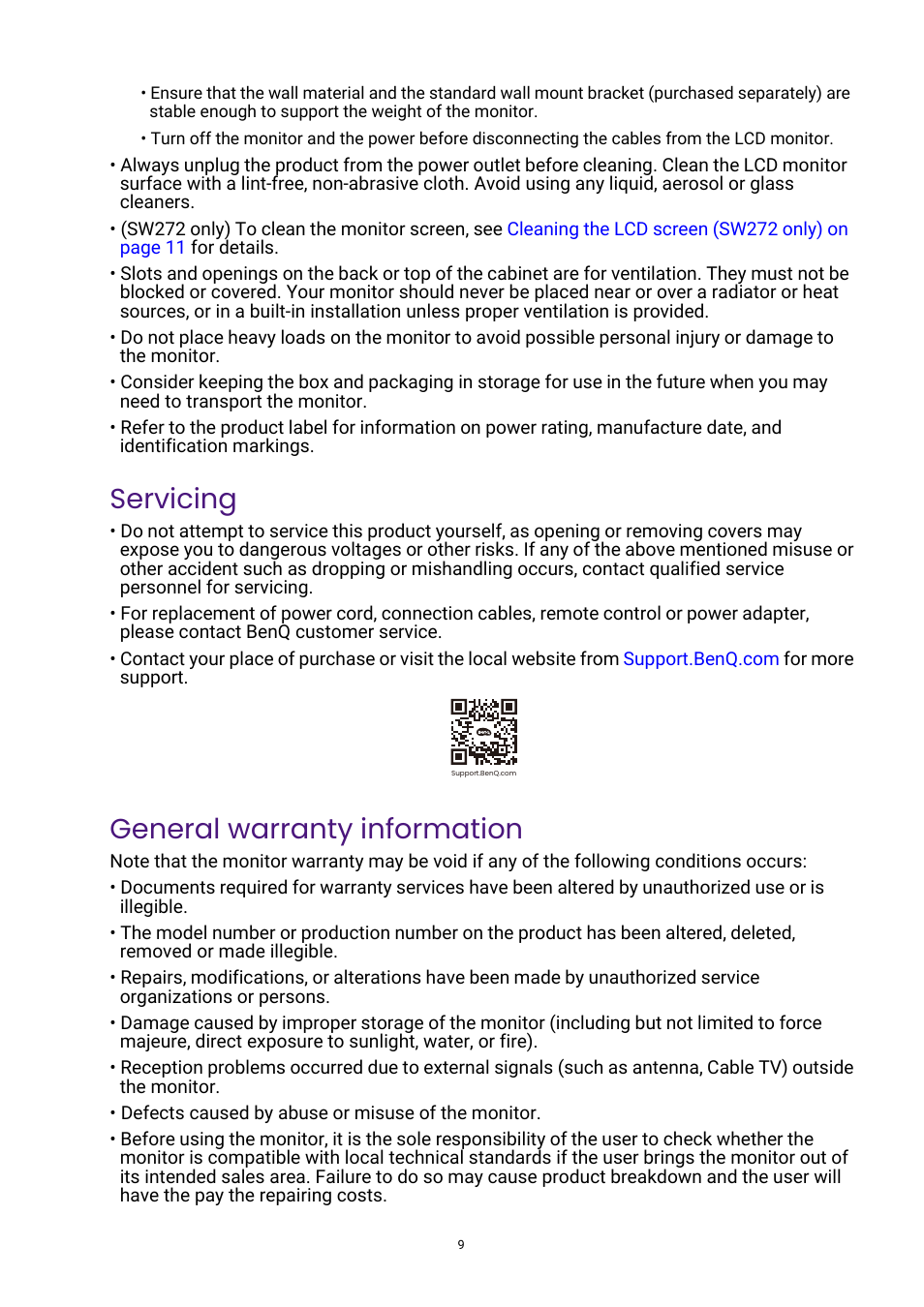 Servicing, General warranty information | BenQ PhotoVue SW272U 27" 4K HDR Monitor User Manual | Page 9 / 70