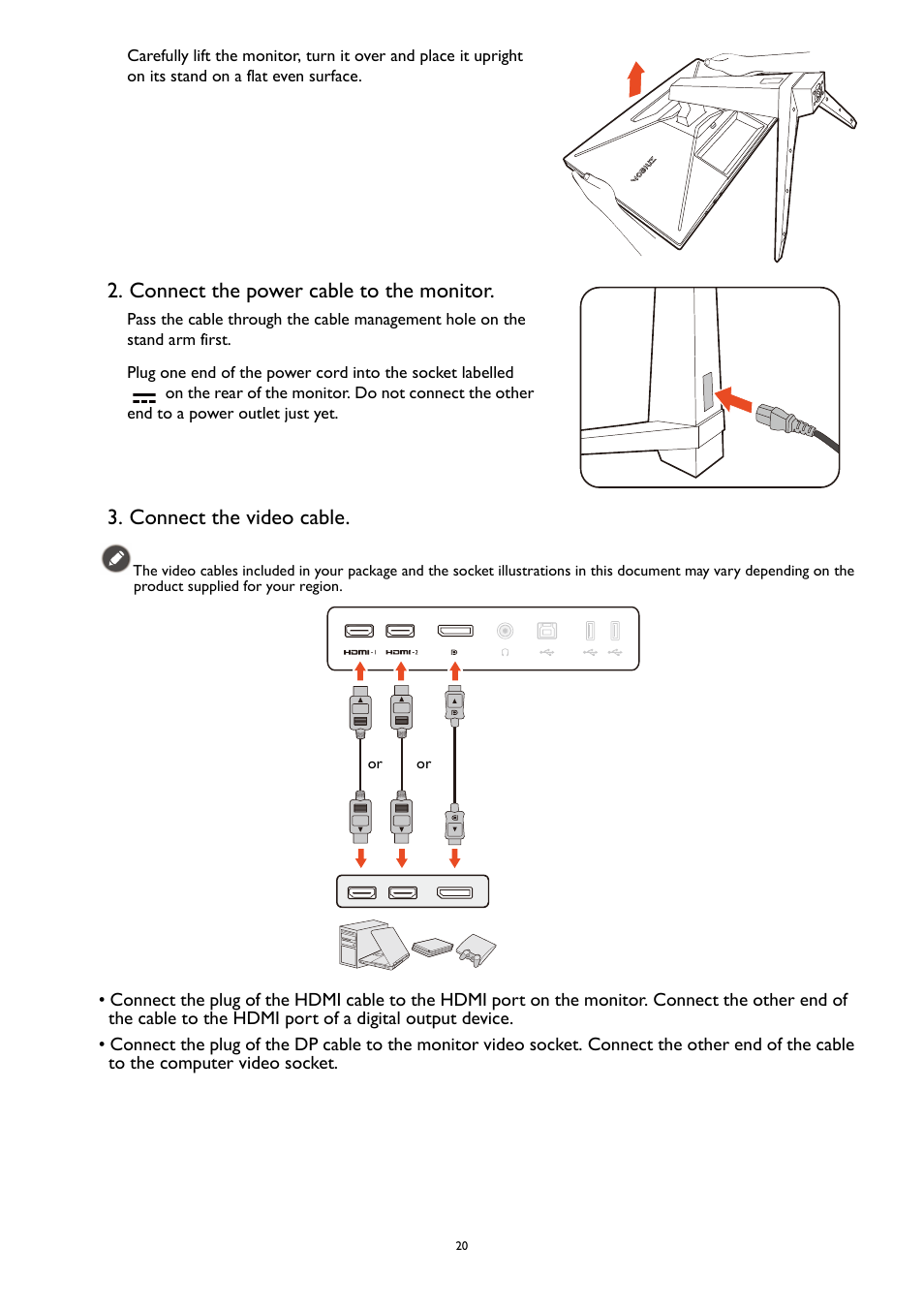 Connect the power cable to the monitor, Connect the video cable | BenQ MOBIUZ EX270QM 27" 1440p HDR 240 Hz Gaming Monitor User Manual | Page 20 / 58