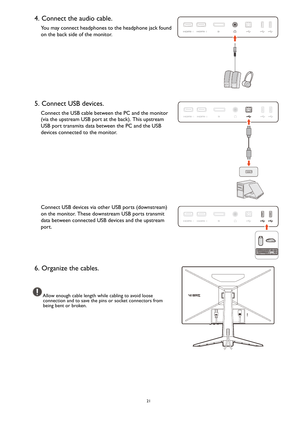 Connect the audio cable, Connect usb devices, Organize the cables | BenQ MOBIUZ EX270QM 27" 1440p HDR 240 Hz Gaming Monitor User Manual | Page 21 / 58