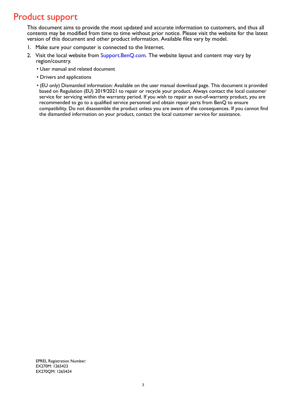 Product support | BenQ MOBIUZ EX270QM 27" 1440p HDR 240 Hz Gaming Monitor User Manual | Page 3 / 58