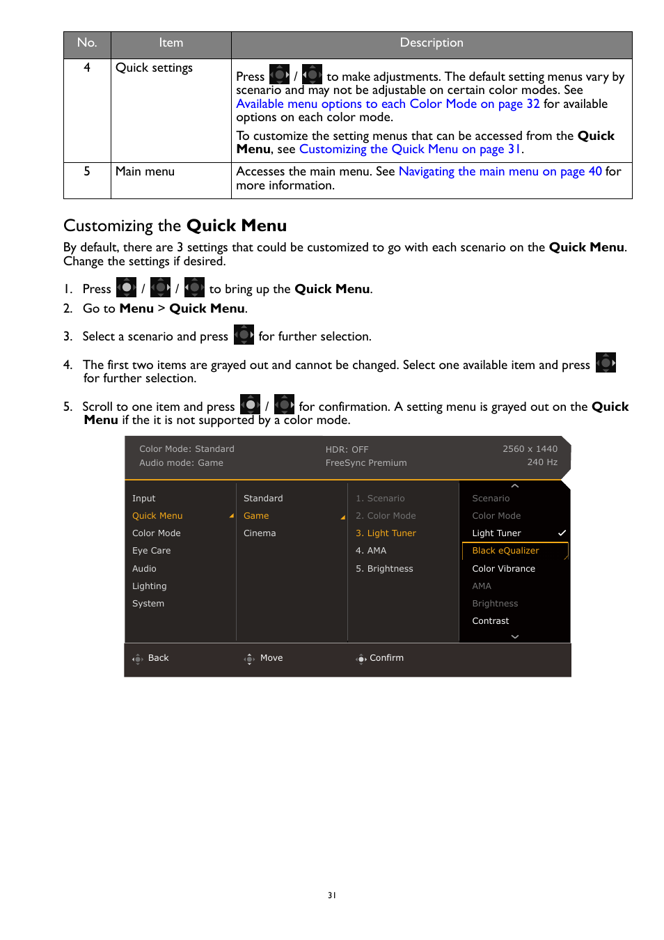 Customizing the quick menu | BenQ MOBIUZ EX270QM 27" 1440p HDR 240 Hz Gaming Monitor User Manual | Page 31 / 58