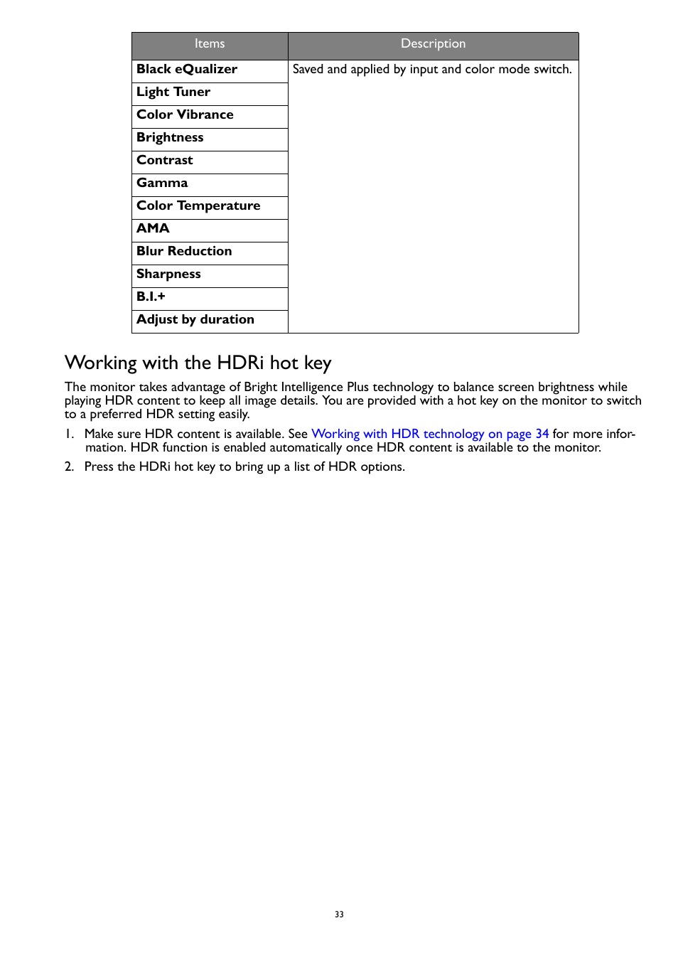 Working with the hdri hot key | BenQ MOBIUZ EX270QM 27" 1440p HDR 240 Hz Gaming Monitor User Manual | Page 33 / 58