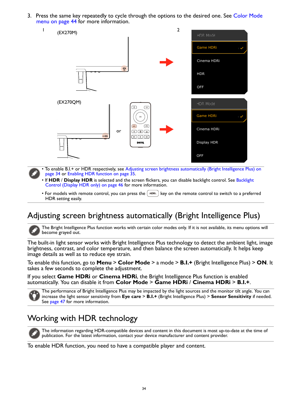 Working with hdr technology | BenQ MOBIUZ EX270QM 27" 1440p HDR 240 Hz Gaming Monitor User Manual | Page 34 / 58