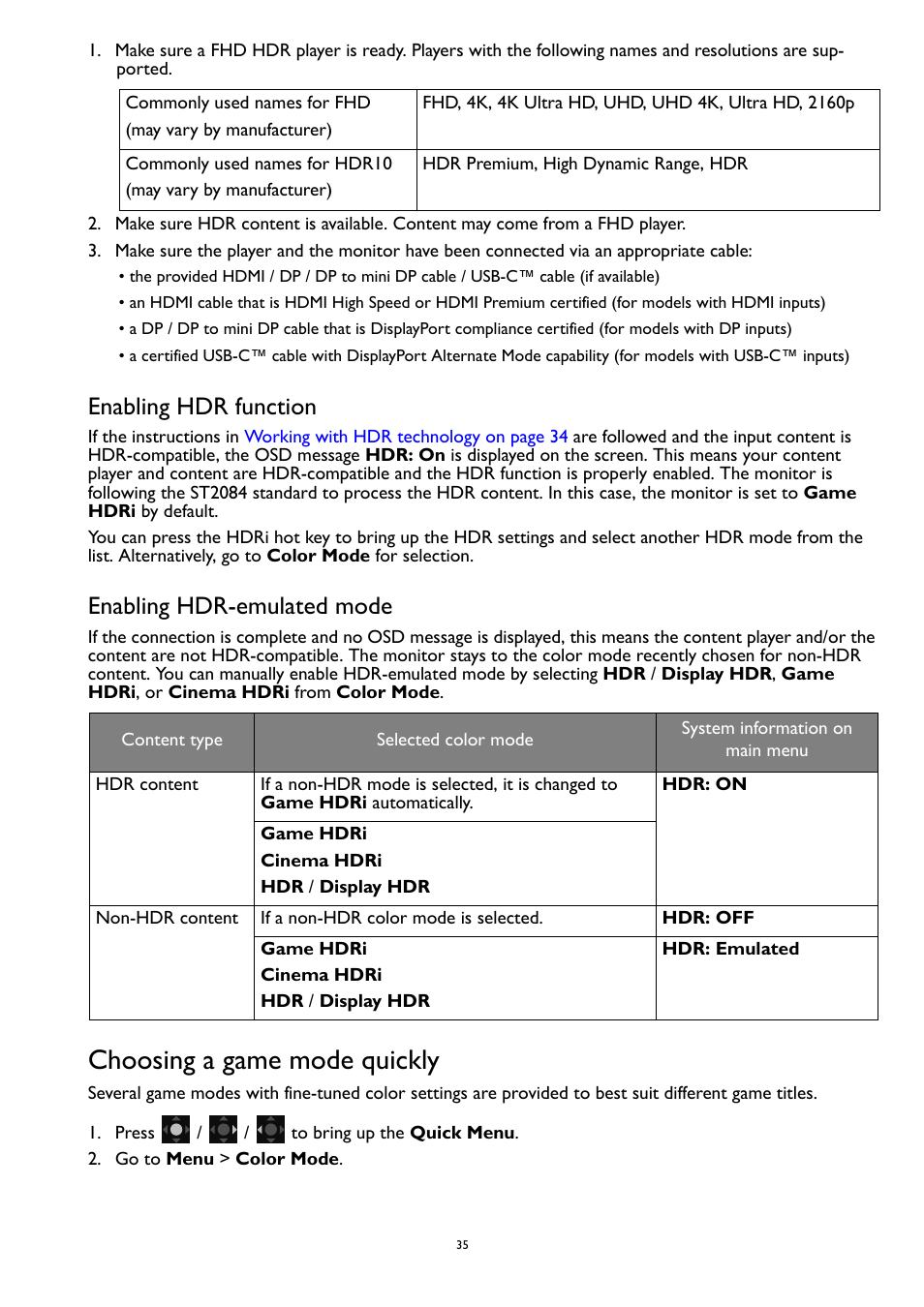 Choosing a game mode quickly, Ugh these options. see, Enabling hdr function | Enabling hdr-emulated mode | BenQ MOBIUZ EX270QM 27" 1440p HDR 240 Hz Gaming Monitor User Manual | Page 35 / 58