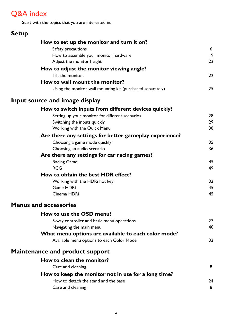 Q&a index | BenQ MOBIUZ EX270QM 27" 1440p HDR 240 Hz Gaming Monitor User Manual | Page 4 / 58