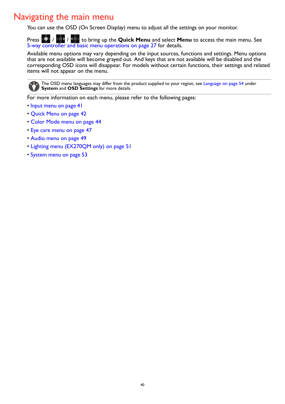 Navigating the main menu | BenQ MOBIUZ EX270QM 27" 1440p HDR 240 Hz Gaming Monitor User Manual | Page 40 / 58