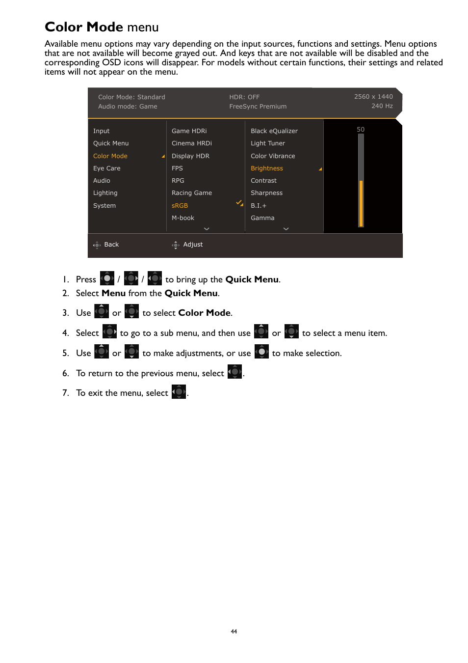 Color mode menu, Color mode | BenQ MOBIUZ EX270QM 27" 1440p HDR 240 Hz Gaming Monitor User Manual | Page 44 / 58