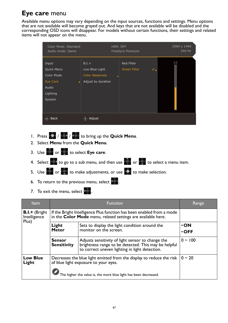 Eye care menu, Eye care | BenQ MOBIUZ EX270QM 27" 1440p HDR 240 Hz Gaming Monitor User Manual | Page 47 / 58