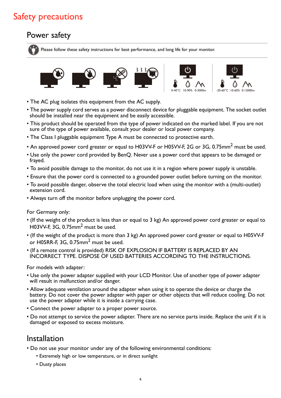 Safety precautions, Power safety, Installation | BenQ MOBIUZ EX270QM 27" 1440p HDR 240 Hz Gaming Monitor User Manual | Page 6 / 58