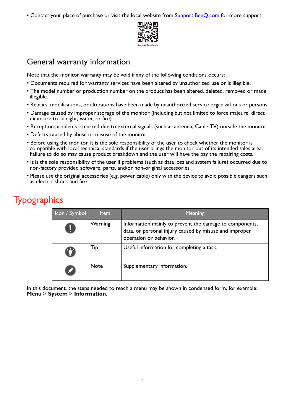 General warranty information, Typographics | BenQ MOBIUZ EX270QM 27" 1440p HDR 240 Hz Gaming Monitor User Manual | Page 9 / 58