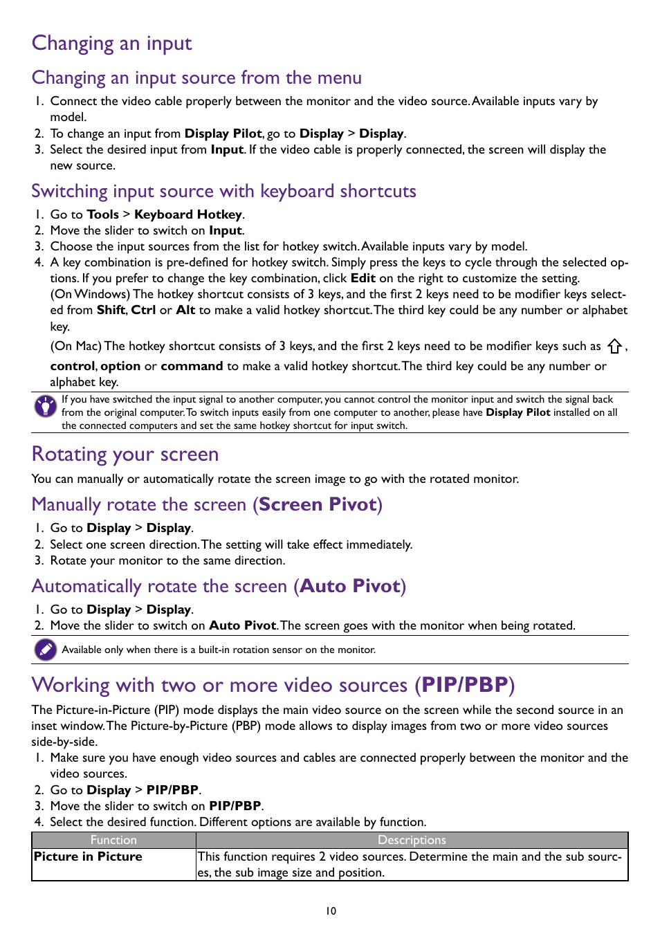 Changing an input, Changing an input source from the menu, Switching input source with keyboard shortcuts | Rotating your screen, Manually rotate the screen (screen pivot), Automatically rotate the screen (auto pivot), Working with two or more video sources (pip/pbp), Manually rotate the screen, Screen pivot, Automatically rotate the screen | BenQ PD2500Q 25" 16:9 IPS Monitor User Manual | Page 10 / 15