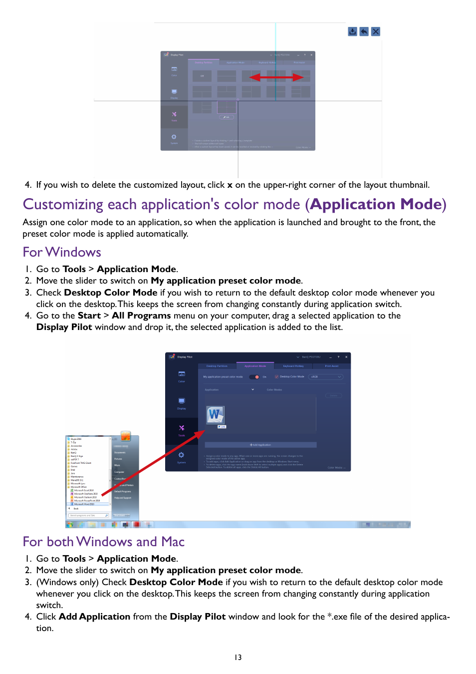 For windows, For both windows and mac, Customizing each application's color mode | Application mode, For windows for both windows and mac | BenQ PD2500Q 25