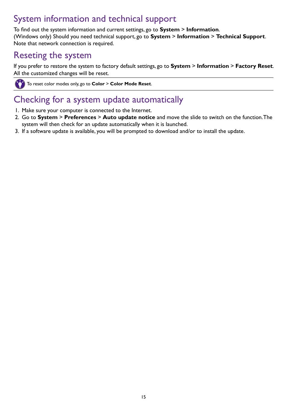 System information and technical support, Reseting the system, Checking for a system update automatically | BenQ PD2500Q 25" 16:9 IPS Monitor User Manual | Page 15 / 15