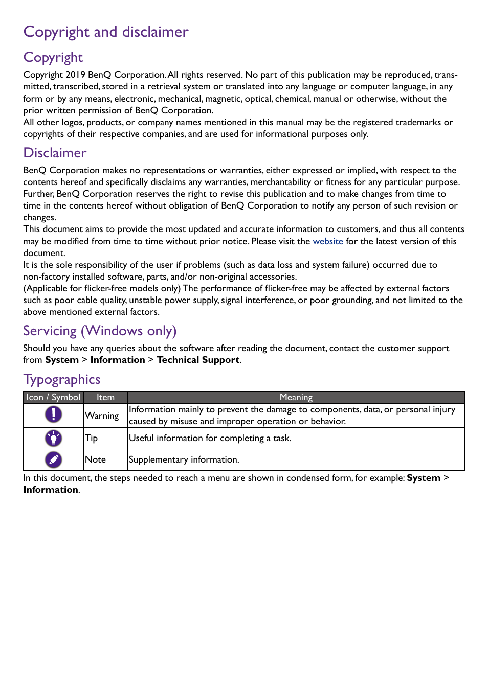 Copyright and disclaimer, Copyright, Disclaimer | Servicing (windows only), Typographics | BenQ PD2500Q 25" 16:9 IPS Monitor User Manual | Page 2 / 15