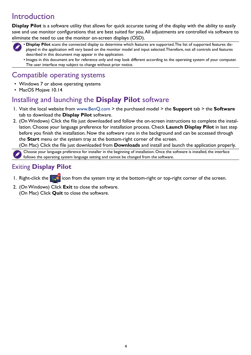 Introduction, Compatible operating systems, Exiting display pilot | Display pilot, Software, Exiting | BenQ PD2500Q 25" 16:9 IPS Monitor User Manual | Page 4 / 15