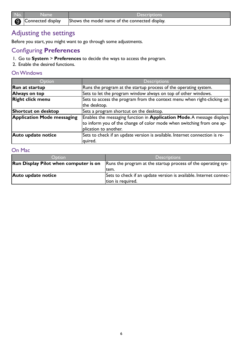 Adjusting the settings, Configuring preferences, Configuring | Preferences | BenQ PD2500Q 25" 16:9 IPS Monitor User Manual | Page 6 / 15