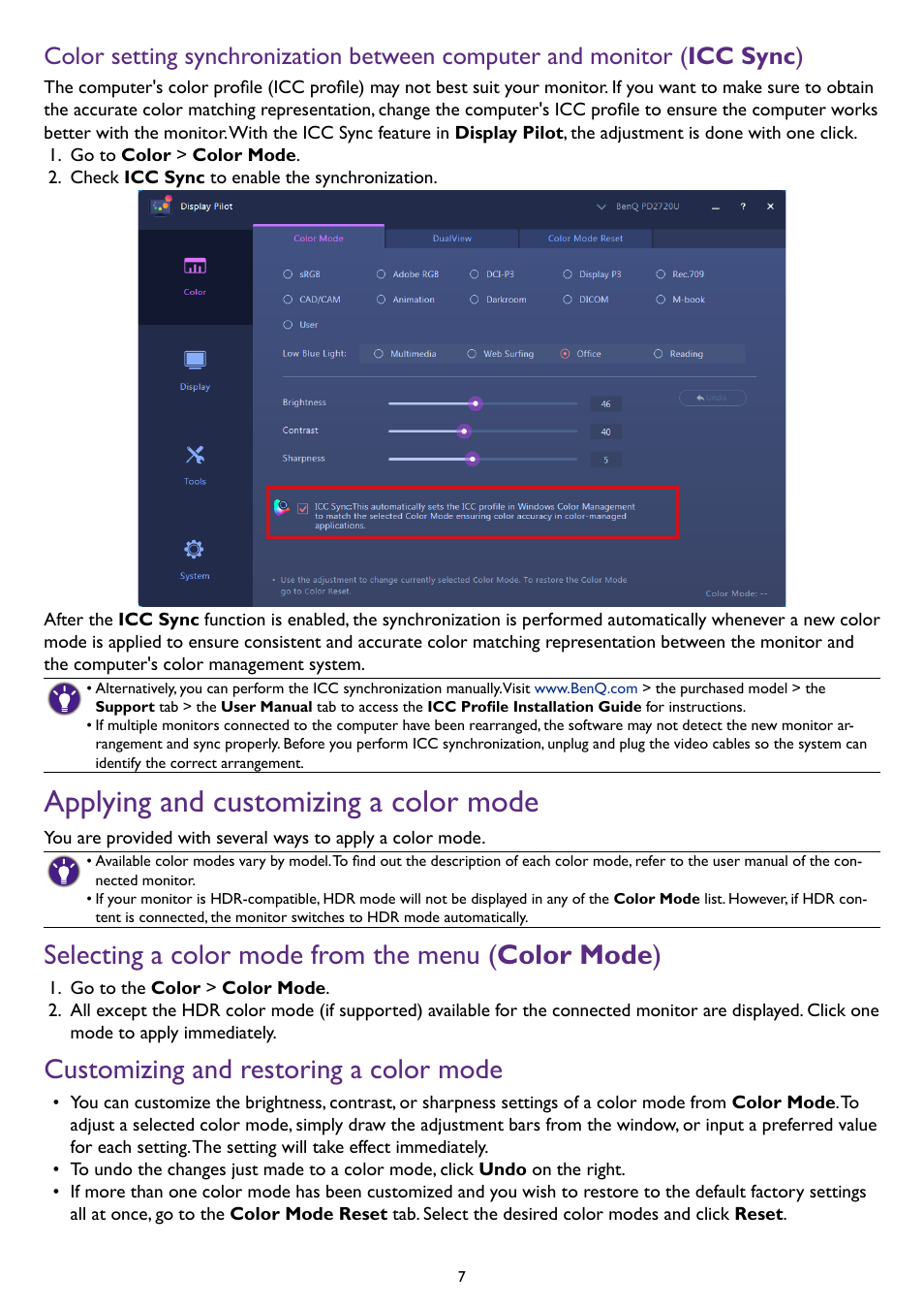 Applying and customizing a color mode, Selecting a color mode from the menu (color mode), Customizing and restoring a color mode | Selecting a color mode from the menu, Color mode | BenQ PD2500Q 25" 16:9 IPS Monitor User Manual | Page 7 / 15