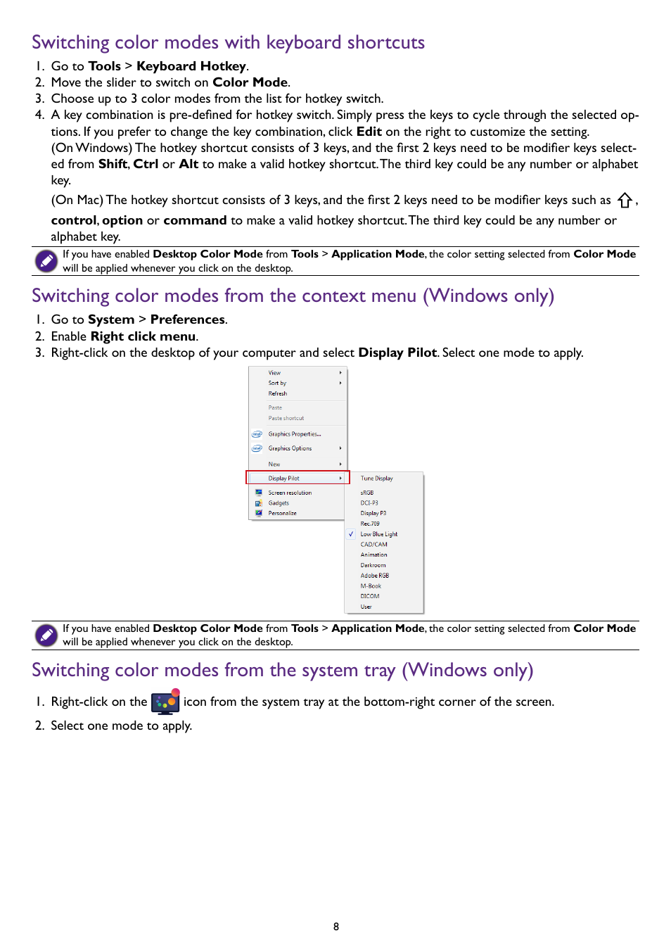 Switching color modes with keyboard shortcuts | BenQ PD2500Q 25" 16:9 IPS Monitor User Manual | Page 8 / 15