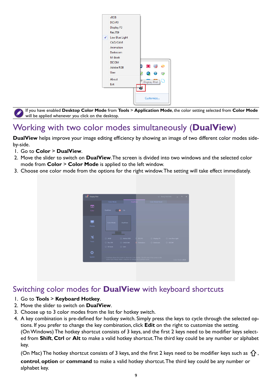 Working with two color modes simultaneously, Dualview, Switching color modes for | With keyboard shortcuts | BenQ PD2500Q 25" 16:9 IPS Monitor User Manual | Page 9 / 15