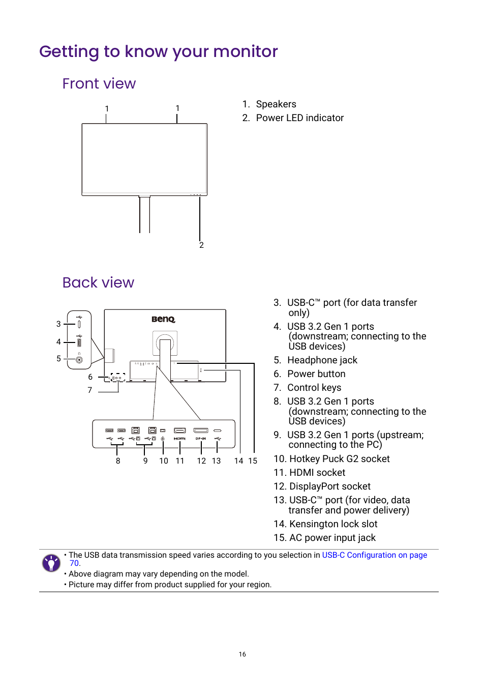 Getting to know your monitor, Front view, Back view | Front view back view | BenQ DesignVue PD2705UA 27" 4K HDR Monitor with Ergo Stand User Manual | Page 16 / 75