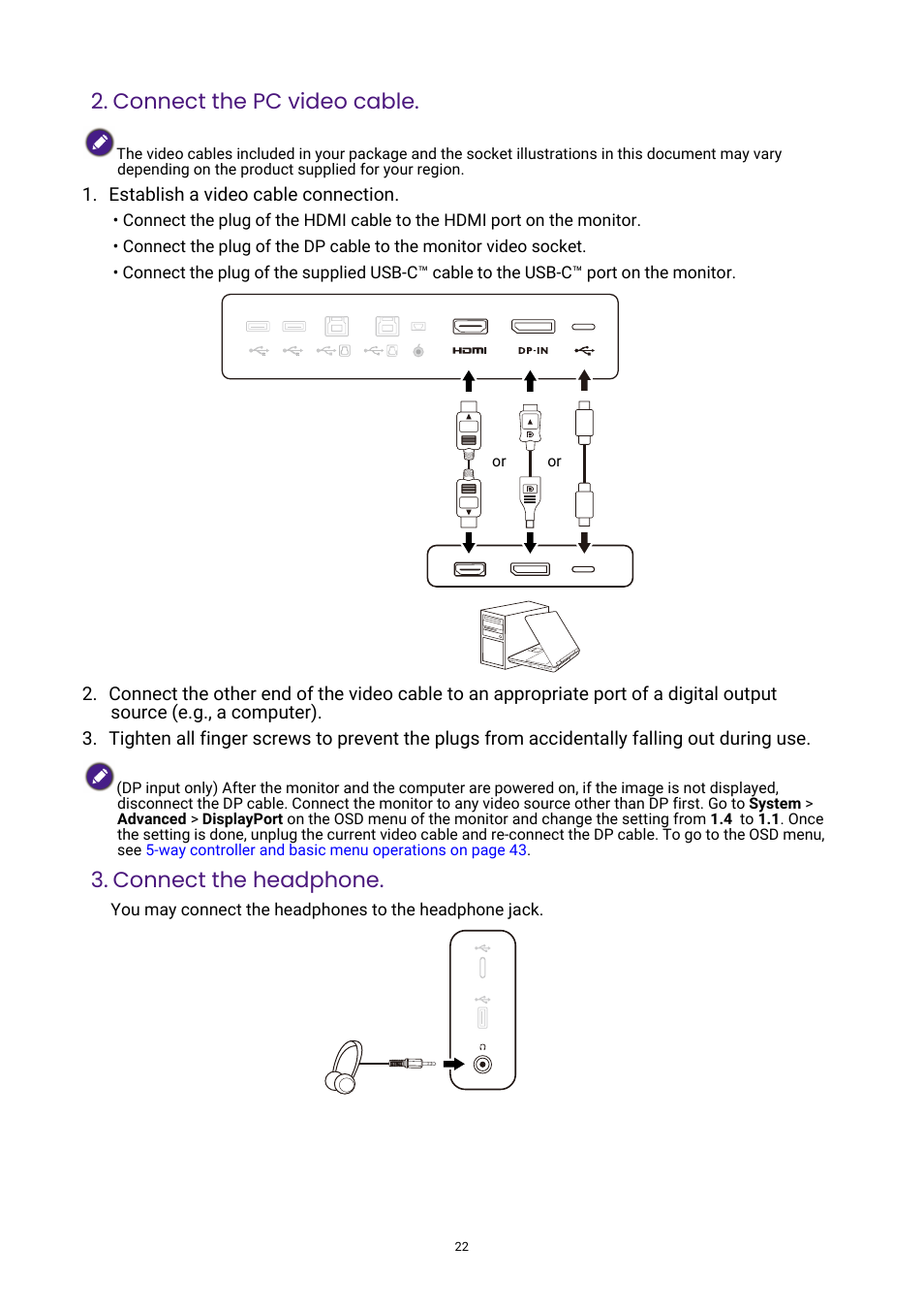 Connect the pc video cable, Connect the headphone | BenQ DesignVue PD2705UA 27" 4K HDR Monitor with Ergo Stand User Manual | Page 22 / 75