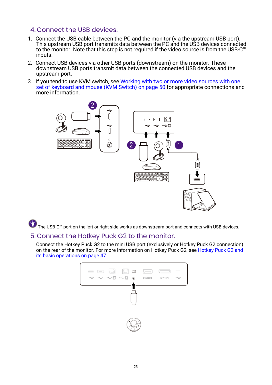 Connect the hotkey puck g2 to the monitor | BenQ DesignVue PD2705UA 27" 4K HDR Monitor with Ergo Stand User Manual | Page 23 / 75