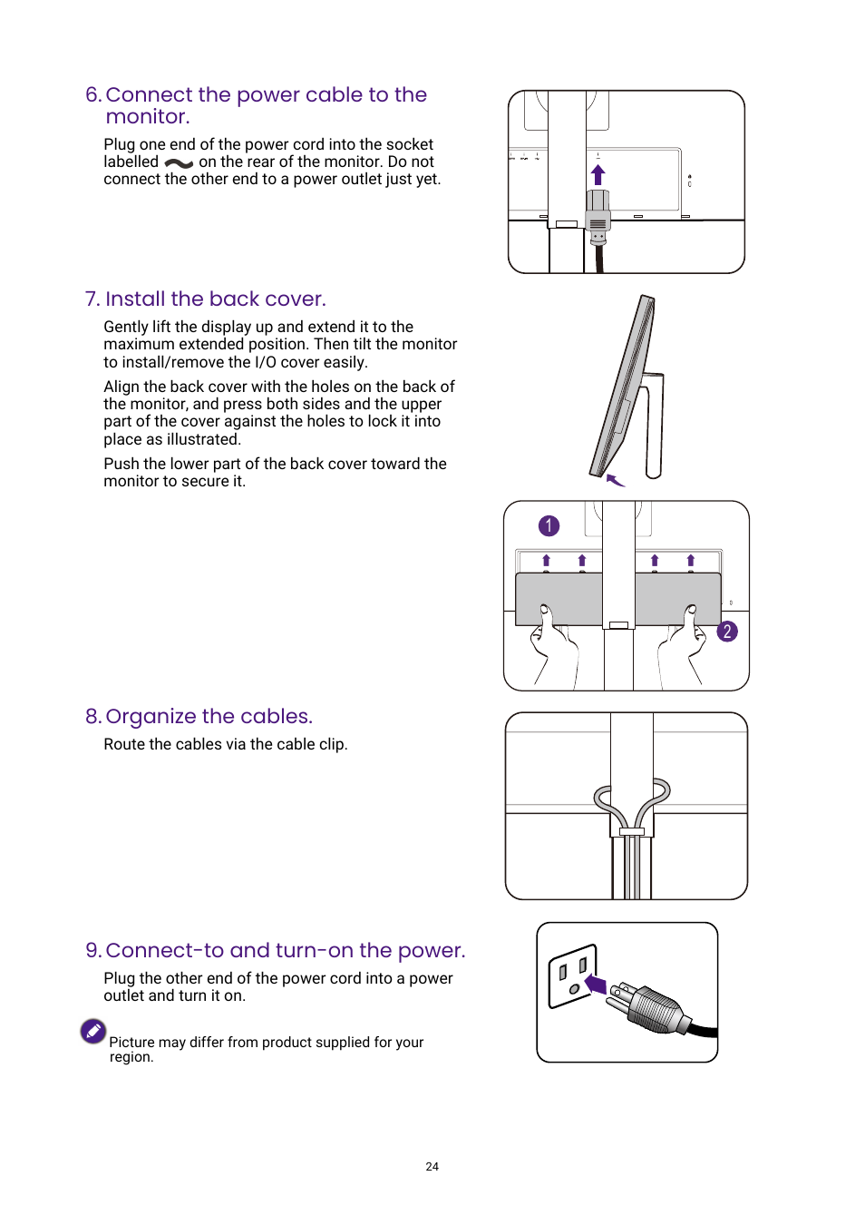 Connect the power cable to the monitor, Install the back cover, Organize the cables | Connect-to and turn-on the power | BenQ DesignVue PD2705UA 27" 4K HDR Monitor with Ergo Stand User Manual | Page 24 / 75